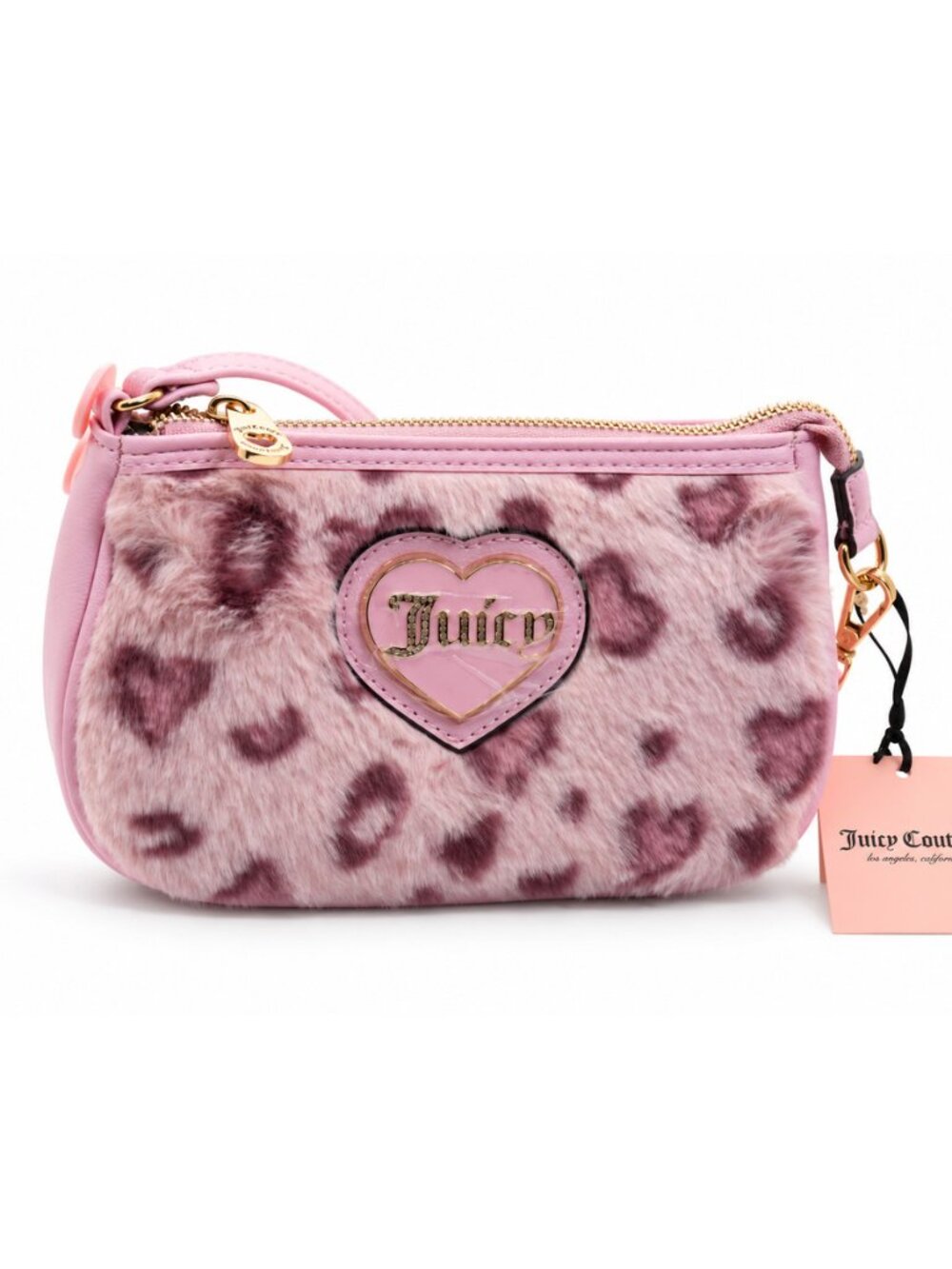 Juicy Couture Pink Faux Fur Leopard Heart Logo Wristlet Bag NWT